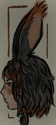 Side profile headshot of a short haired viera (rabbit eared) woman from the game Final Fantasy XIV.