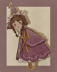 Full-body portrait of a young witch girl angled forward while gazing at the viewer from her side. Character inspired by Witch Hat Atelier.