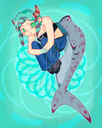 Full- body portrait of a girl in a cradled position with striped horns and a large shark tail upon a watery background.