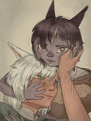 Couple's bust portrait of a miqo'te man and woman coddling each other. The man stares lovingly upon the woman's face while the woman holds a serious expression while staring directly at the viewer.