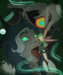 Bust of a rabid miqo'te woman attempting to eat a pixie with an ahriman voidsent looking on in the background. All characters are from the game Final Fantasy XIV.