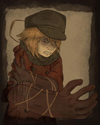 Half-body portrait of a person clutching their large arm in pain. A dark border surrounds the portrait.