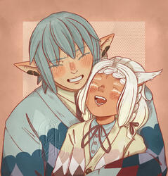 Half-body couple's portrait featuring a miqo'te woman and Haurchefant, an elezen (elf-eared) man, cuddled together happily while wearing matching sweaters. Both characters are from the game Final Fantasy XIV.