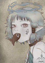 Bust of an elf princess with a halo made of water over her head. She's holding a brown fish in her mouth who looks quite unhappy to be there.