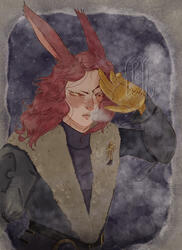 Half-body portrait of a viera (rabbit-eared) man from the game FFXIV with long, red hair begrudgingly traversing through a blizzard while holding his gold prosthetic arm in front of his face to block the snow fall.