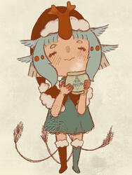 Chibi of a girl with a beetle horn on her head and three tails wearing a Christmas outfit and holding a warm drink in a mug.