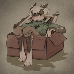 Full-body portrait of a hybrid boy sitting in a cardboard box looking unamused.