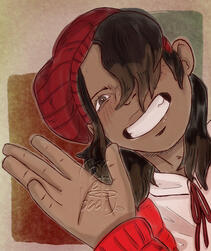 Messily colored bust of a happy man in a red beanie and coat smiling brightly and waving at the viewer from the corner of the canvas.