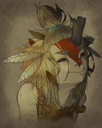 Bust of a mischievous childlike creature with a tree-like horn sprouting from it's head and feathers in place of it's ears. Fallen leaves stick out of various places in it's hair.