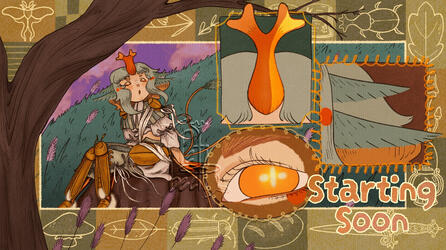 Girl with a beetle horn sitting on a tree stump and looking off into the distance. The border is a sectioned frame with various images representing the character. In the foreground are three framed close-ups of her horn, ears, and eye.