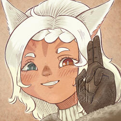Bust of a happy white and blonde haired miqo'te from the game Final Fantasy XIV. Her gloved hand shows a sign of acknowledgement to the viewer.