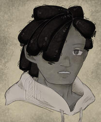 Bust of a man with thick locks and a hoodie staring at the viewer.