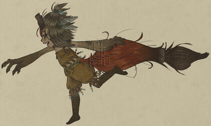 Full-body portrait of a childlike creature with a large fluffy tail and large taloned hands running to the left of the canvas.