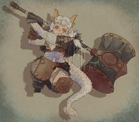 Full-body portrait of a draconic barbarian woman jumping while confidently swinging a large hammer.