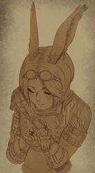 Uncolored half-body portrait of a viera (rabbit-eared) man holding a doll of Zenos, both from the game Final Fantasy XIV.