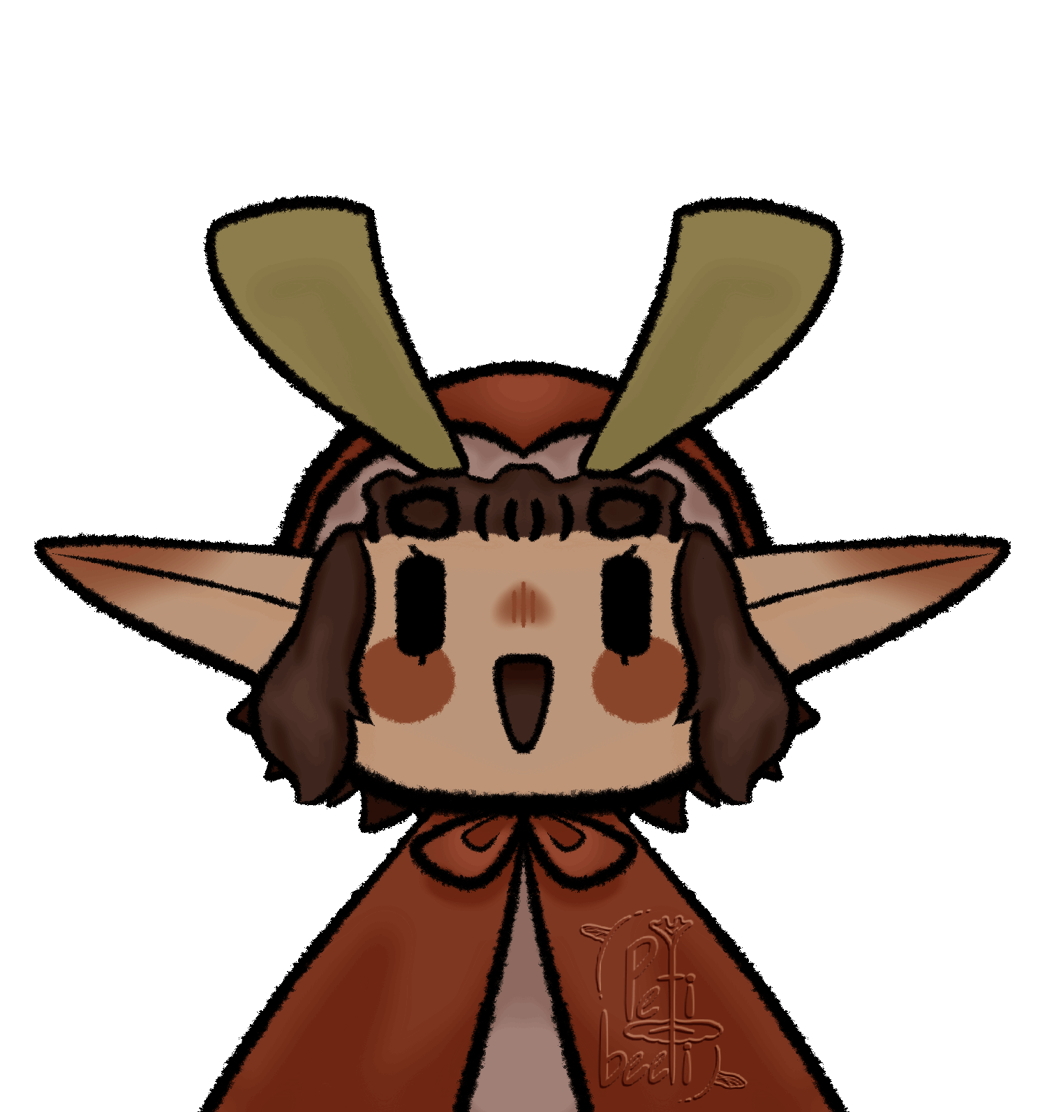 Two frame animated Fugi of my persona, an elf eared girl with antennas, speaking. Her ears move up and down along with her mouth opening and closing.