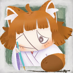 Lineless drawing of a tanuki girl with a disfigured face wearing a white kimono. She is writing on the drawings border with black ink