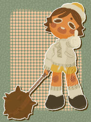 Lineless drawing of a character from the game Super Battle Golf. She has a goofy expression while giving a thumbs-up to the viewer, holding a morning-star off to the side.