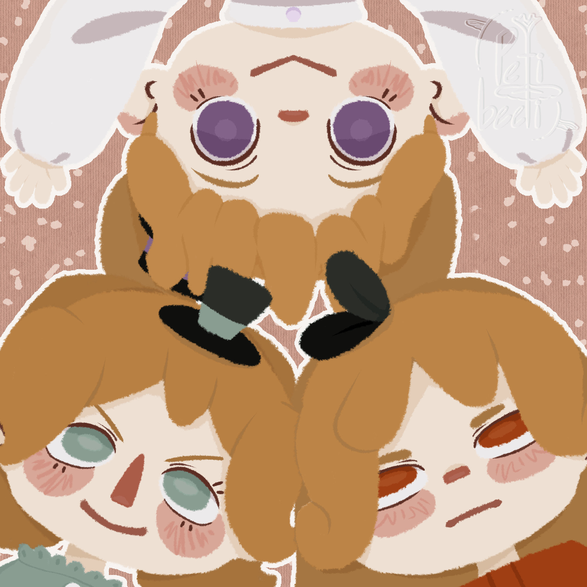 Lineless, two frame animation of 3 girls. The girl on the top has a happy expression as she hangs upside-down. The girl on the bottom left has a mischievous expression that changes to her blowing a raspberry. The girl on the left looks bored and sighs.