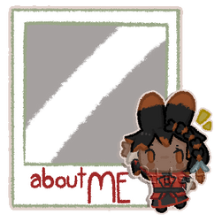 An "About me" Twitch panel featuring a bunny eared Viera girl pointing up at a polaroid. The inside of the polaroid is left blank for the commissioner to insert their own photo.