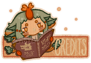 A "Credits" Twitch panel featuring a girl with a horn on her head reading a bestiary.