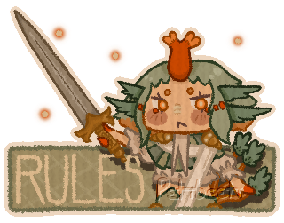 A "Rules" Twitch panel featuring a girl with a horn on her head holding a sword while staring seriously at the viewer.