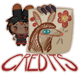 A "Credits" Twitch panel featuring a viera girl holding up a qiqirn doodle she seemingly drew herself to the viewer.